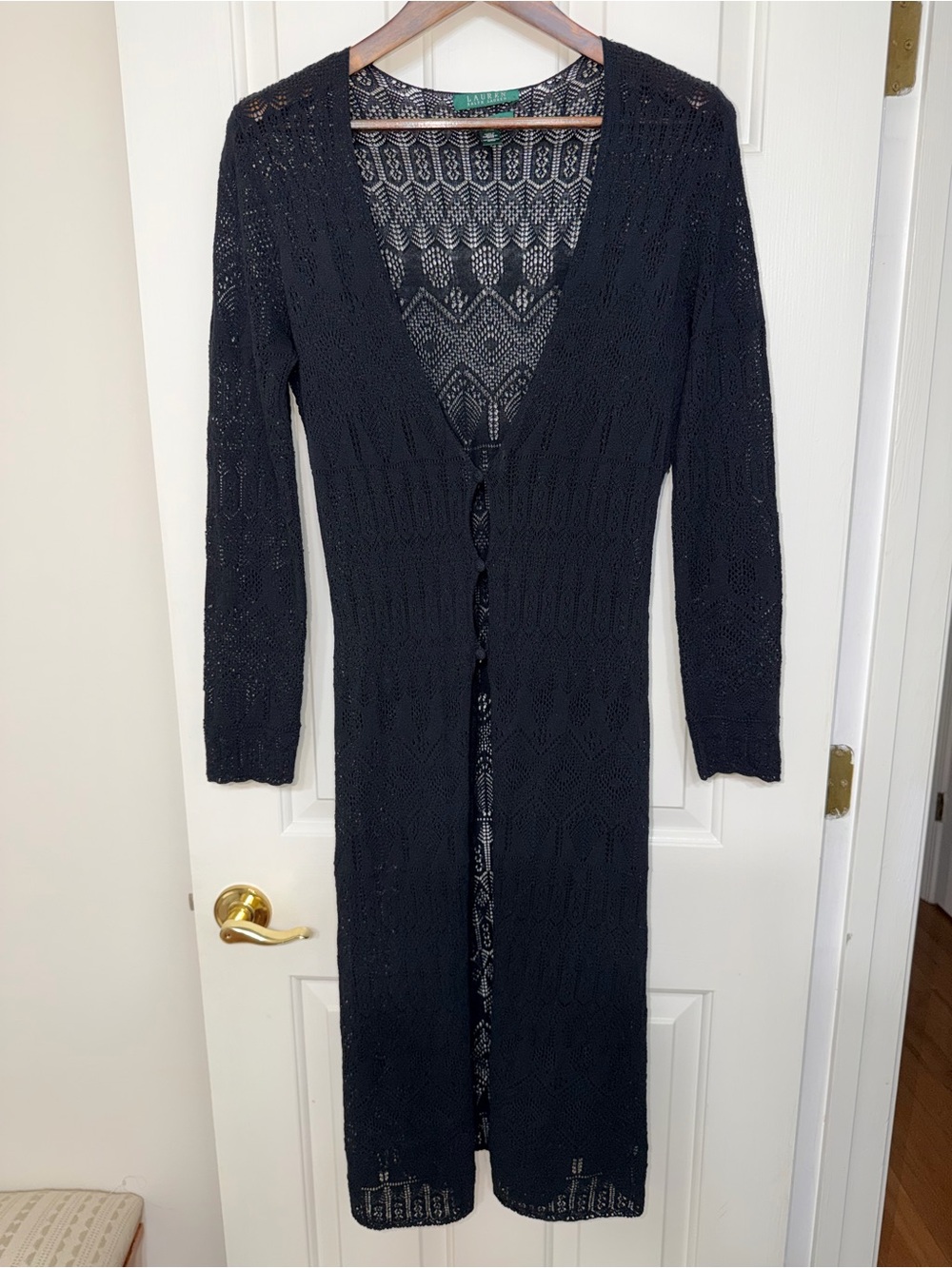 Lauren Ralph Lauren Black Long Openwork Knit Cardigan